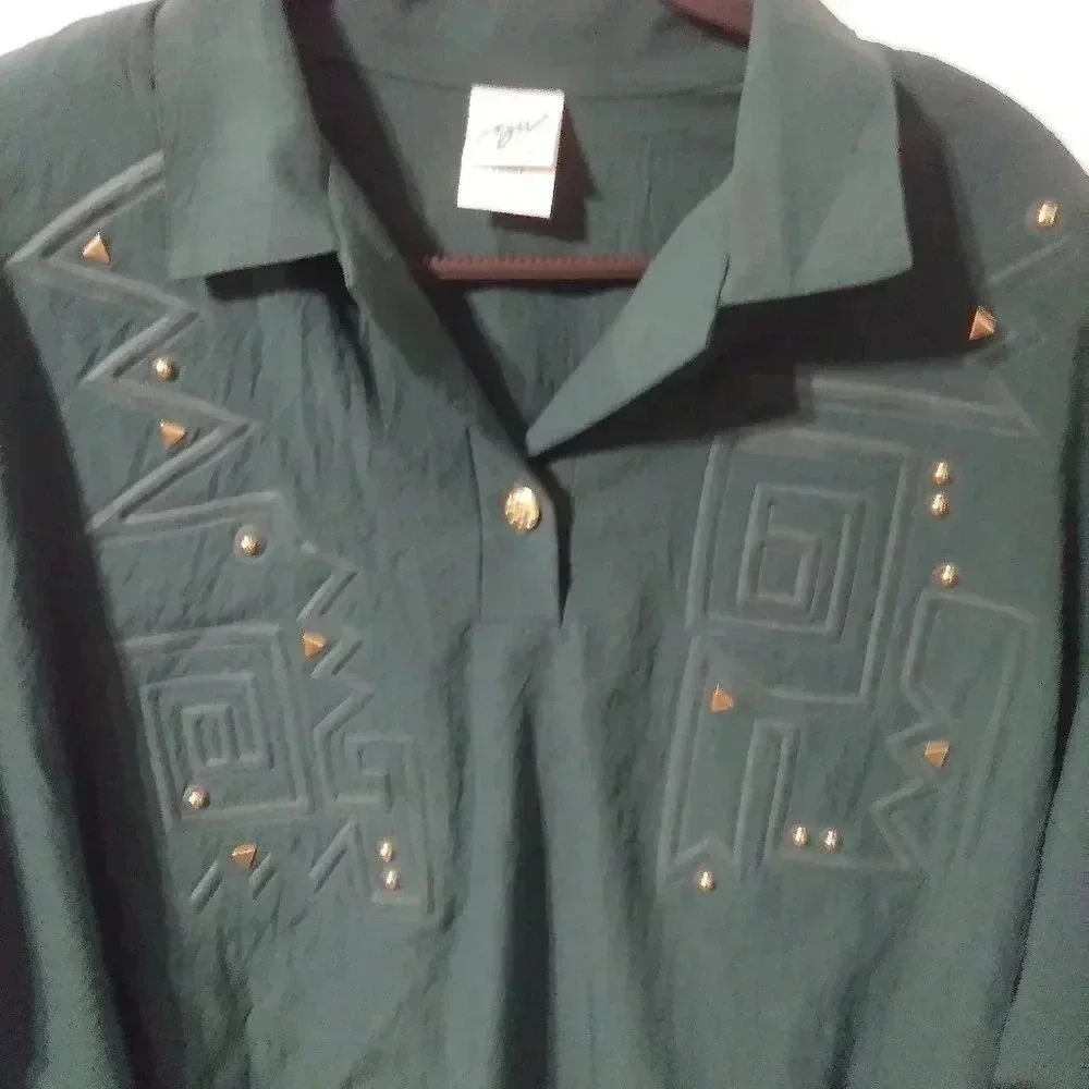 Vintage GW Division of Bratt Green Studded Geometric Pullover Top XL
